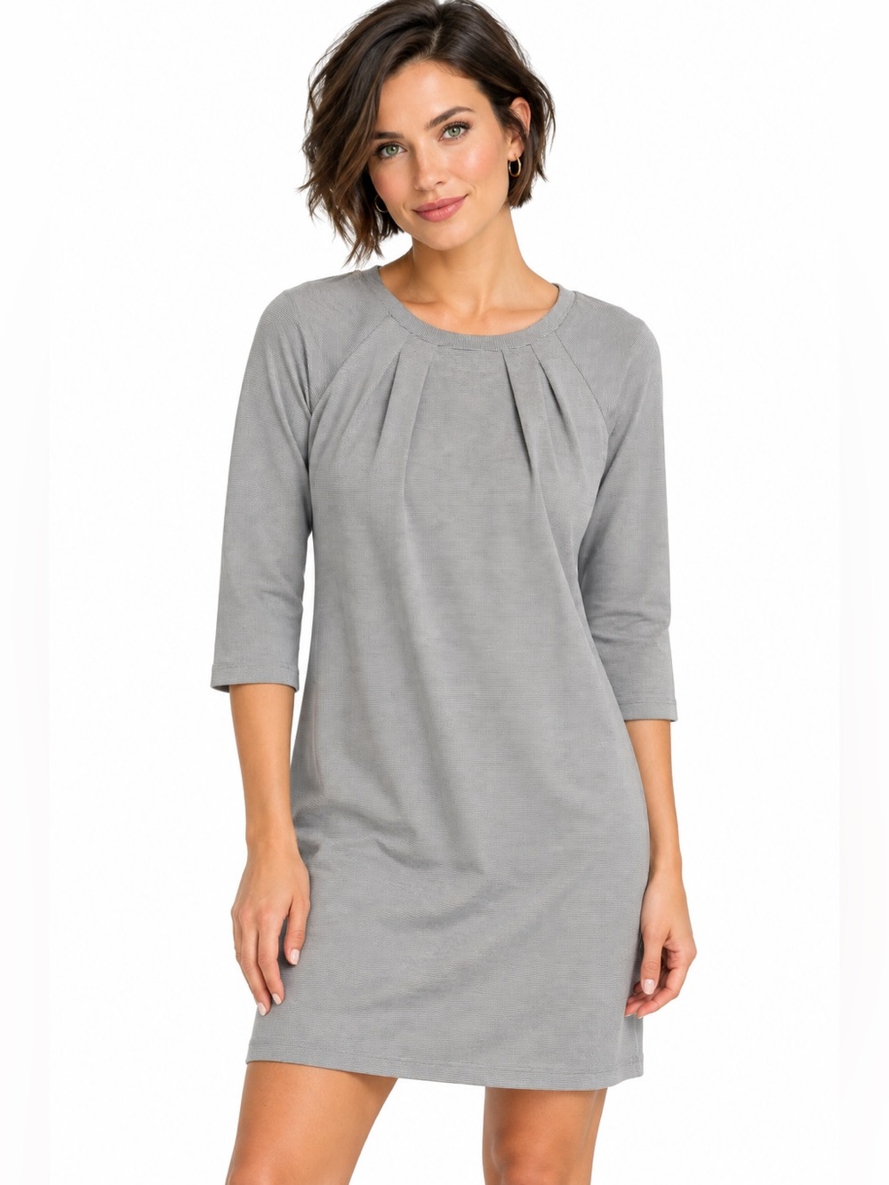 Lesley Evers Ponte Knit Shift Dress Gray Micro Stripe Extra Small XS 3/4 Sleeve